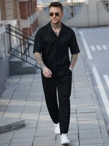 Manfinity CasualCool "Men's Casual Daily Wear: Beach Vacation Style, INS Matching Black Shirt Set With Delicate Waffle Knit Textured Jacquard. Features A Short Sleeve Long Pants Shirt Set With Button Placket Design. Perfect For Spring And Summer Refreshing Outfits, Suitable For Hawaiian Beach Vacations, And A Great Couple's Outfit For Valentine's Day, Making It An Ideal Gift For Boyfriends Or Husbands." Men Two Pieces Outfits , Outfit For Men Outfits For Men Men Shirt Co Ords