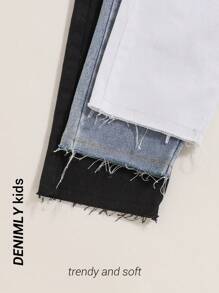 Set de 3 jeans rectos de mezclilla suave y cómoda con efecto desgastado, aptos para niñas pequeñas en primavera y otoño