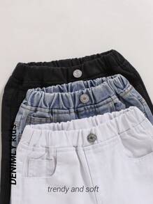 Set de 3 jeans rectos de mezclilla suave y cómoda con efecto desgastado, aptos para niñas pequeñas en primavera y otoño