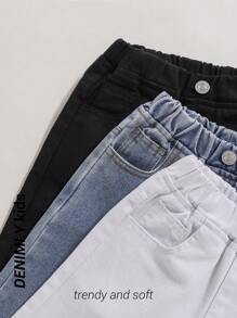 Set de 3 jeans rectos de mezclilla suave y cómoda con efecto desgastado, aptos para niñas pequeñas en primavera y otoño