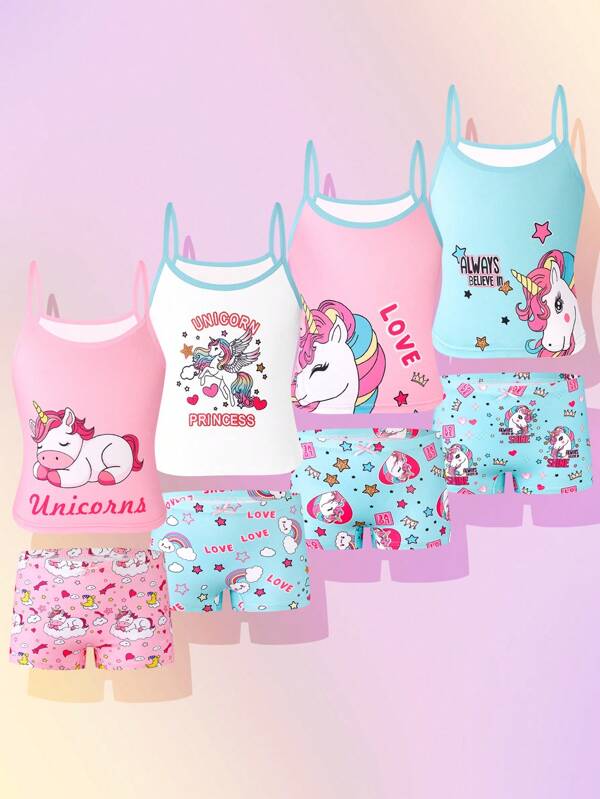 4pcs/Set Young Girl Cute Carousel & Unicorn Print Comfortable Camisole And Briefs Underwear Set, Pink