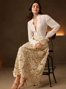 Anewsta Women Elegant Waist-Defining Jacquard Pattern A-Line Skirt, Versatile For Spring, Festival, Casual, Holiday, Beach - Khaki - View 2