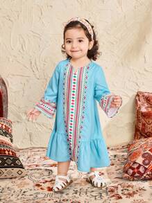 SHEIN Babygirl 可爱几何图案长袖连衣裙，春夏 - 彩色 - 查看 5