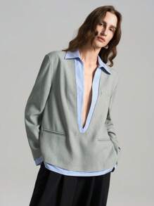 Ontre 2025 Spring Women Contrast Stripe Long Sleeve Simple Blazer, Daily Commute, Vintage Style In Fall/Winter Thanksgiving - Grey - View 6