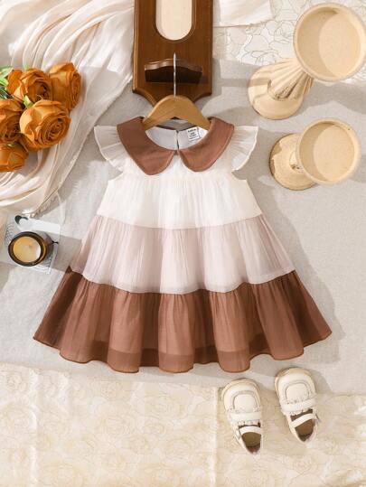 SHEIN Vintaside Kids 1pc Baby Girl Casual Ombre Patchwork Hooded Dress, Suitable For Outings, Lounging, And Parties