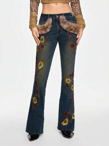 ROMWE J-Fashion Y2K Gyaru Himekaji 风格女式低腰喇叭豹纹毛绒牛仔裤，秋冬款 - 深色水洗藍 - 查看 3