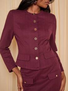 COSMINA 女式纯色前扣长袖口袋休闲西装外套 - 紅色 - 查看 6