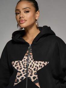 MISSGUIDED Sudadera con capucha con cremallera completa, estampado de leopardo y estrella, para uso casual en invierno, ropa de estar en casa, ropa de calle, con bolsillo canguro, cálida y cómoda - Negro - Ver 4