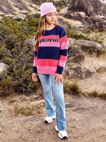 SHEIN Vestiti per ragazze adolescenti in stile casual all'aperto, maglione pullover a righe caldo e confortevole per ragazze adolescenti, alla moda e versatile per l'uso quotidiano, le gite, la fotografia di strada in città - Rosso - Visualizzare 6