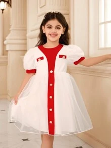 Young Girl Solid Color Patchwork Front Button Simple Casual Short Sleeve Dress - White - View 4