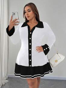 SHEIN Unity Vestido de punto con contraste de color, bajo con volantes y decoración de botones para mujer de talla grande, vestido de suéter elegante para otoño e invierno - Blanco - Ver 4