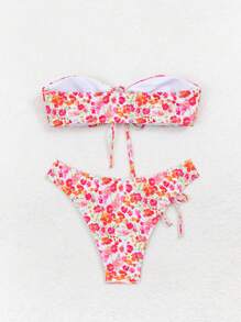 Women Bandeau Hollow-Out Rope Tied Floral Printed Splicing Triangle Bikini Set Summer - Multicolor - View 2