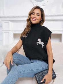 INAWLY Mock Neck Flared Bishop Sleeve Black Knit Cap Sleeve Top - Black - View 6