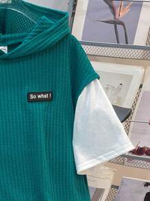 SHEIN 2pcs/Set Setelan Anak Laki-laki Remaja Warna Teal Musim Panas Kasual Liburan Warna Solid Kontras Motif Waffle Hoodie Lengan Pendek dan Celana Pendek Pinggang Elastis - MultiWarna - View 6