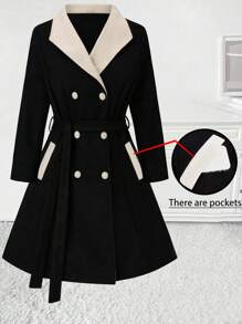 SHEIN Clasi Plus Size Autumn Winter Casual Contrast Color Lapel Double-Breasted Overcoat