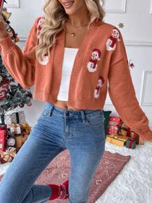 Chiquease Chaqueta de suéter holgada con bordado de muñeco de nieve navideño informal y ribete de piel sintética, de y cálida para otoño/invierno