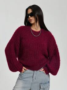 StreetHx Blusa casual de cuello redondo de unicolor y manga larga para mujer, suéter de punto para uso diario en otoño e invierno - Burdeos - Ver 4