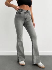 SHEIN PETITE Women Plain Front Button Pocket Long Pants, Casual Daily Wear