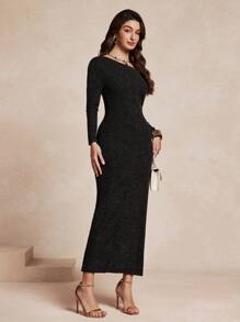 SHEIN Unity Women's Elegant Slim Fit Oblique Shoulder Casual Long Sleeve Dress - Black - View 6