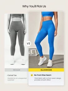 GLOWMODE 24" Seamless Tummy Control Butt Scrunch Shaping Leg Seam V Back Waist Leggings Medium Impact Workout Jogging Gym Training - Blue - View 5