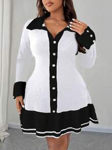 SHEIN Unity Vestido de punto con contraste de color, bajo con volantes y decoración de botones para mujer de talla grande, vestido de suéter elegante para otoño e invierno - Blanco - Ver 5