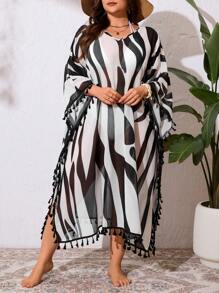 Swim Lushoire Vestido tipo túnica de playa con cuello en V, estilo suelto y fluido, con estampado tie-dye y flecos, talla grande / Vestido túnica de talla grande para cubrir traje de baño en verano - Blanco y Negro - Ver 5