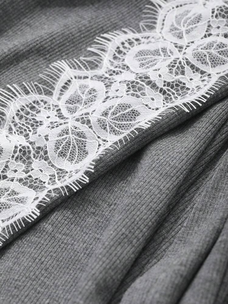Knitted Fabric Lace Trim Mid-Length Robe Pajama