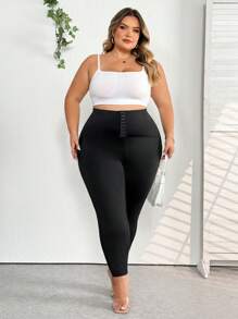 SHEIN CURVE+ Leginsy z dzianiny z wysokim stanem i dużym rozmiarem, eleganckie sportowe, codzienne rajstopy damskie z guzikami z przodu, jesień/zima