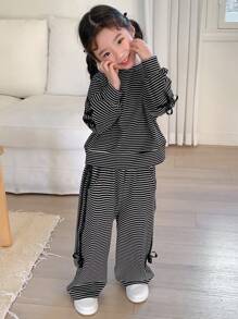 DAZY 2pcs/Set Young Girl Round Neck Knit Sweatshirt Outfit, Fall/Autumn - Black and White - View 6