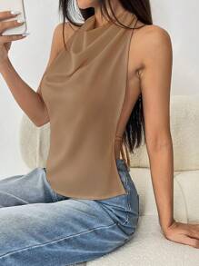 Flirla Top sin mangas con escote en pico y espalda descubierta para mujer, de moda y sexy