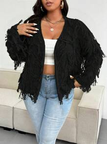 Celure Plus Size Open Cardigan Long Sleeve Fringe Decor Casual Loose Top - Black - View 7