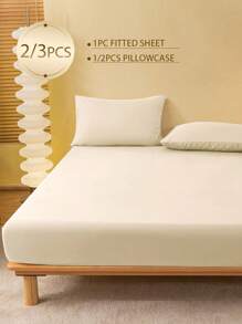 2/3pcS Solid Color Black Fitted Sheet Set (1Pc Fitted Sheet+1/2pcs Pillowcases), Mattress Protector, Mattress Cover For Bed, Bed Sheet Set, Soft And Breathable, For All Size Bed -Twin, Full, King, Queen Size Sheet Deep Pocket Up To 11.8 Inch Home Textile