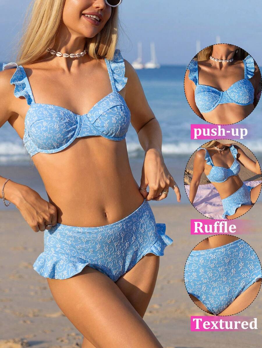 Women's Beach Outfit, Textured Fabric Soft Cup Underwire Swimwear With Cute Ruffle Trim And Adjustable Straps For Summer Beach Vacation - Blue and White - View 1