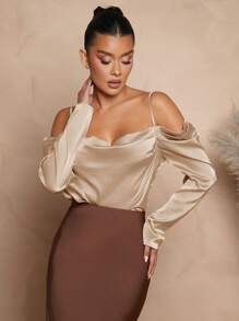 L'Amorae Summer Women , Women Clothes, Taupe Satin Draped Cold Shoulder Long Sleeve Cowl Neck Blouse, Women Tops, Women Shirts, Women Blouses, Sexy Casual Women, Long Sleeve Top, Going Out Tops, Formal Top. For Date Night, Concerts, Performances, Parties, Evening, Music Festivals