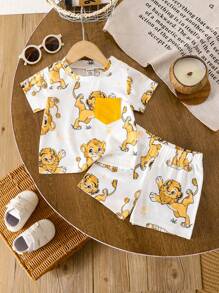 2 件装男女通用新生儿 - 1 岁男婴/女婴可爱狮子印花全身图案套装，适合宝宝在夏季各种场合穿着，让宝宝看起来更可爱 - 彩色 - 查看 2