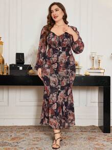 Modelyn Plus Size Women Square Neck Lantern Sleeve Tie-Dye Elastic Net Printed Fitted Mermaid Dress - Multicolor - View 6