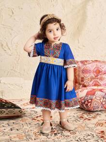 SHEIN Babygirl Blue Floral Pattern Short Sleeve Dress, Summer