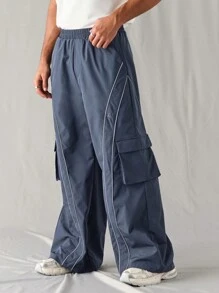 Manfinity RebelGame 男士梭织时尚休闲日常年轻宽松花卉印花松紧腰直筒裤 - 藍色 - 查看 1