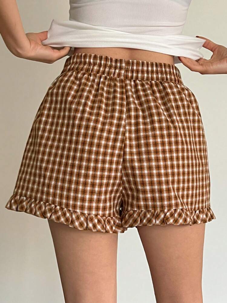 Women's Plaid Frill Trim Splice Loose Shorts, Loungewear Bottom Pajama
