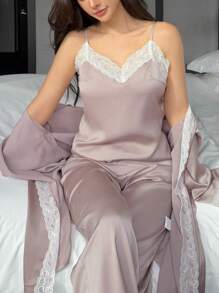 DAZY 3-Piece Comfortable Lace Patchwork Women Spring Pajamas Set - Khaki - View 5