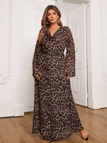 SHEIN VCAY Plus Size Leopard Print Flare Sleeve Loose Fit Dress,Beach Dress Sundress,Holiday Outfits Boho - Multicolor - View 7