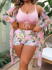 Swim Lushoire Plus Size 3 Pieces Set: Drawstring Digital Print Bikini Set, Matched With Long Sleeve Mid-Length Beach Kimono, Casual Summer Vacation Swimwear Set - Multicolor - View 1