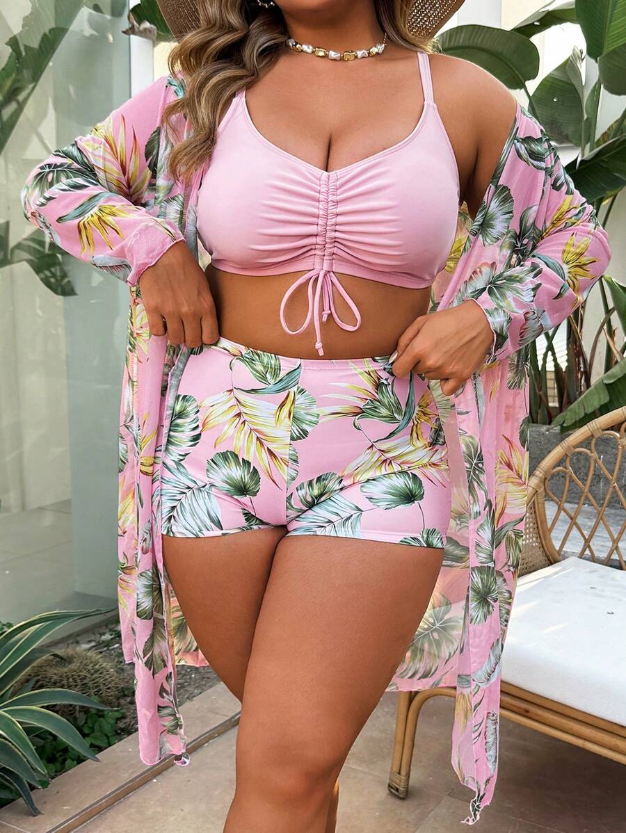 Swim Lushoire Plus Size 3 Pieces Set: Drawstring Digital Print Bikini Set, Matched With Long Sleeve Mid-Length Beach Kimono, Casual Summer Vacation Swimwear Set - Multicolor - View 1