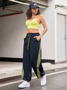 Streetz SHEIN Sport 女式休闲拼色条纹抽绳腰运动裤 - 藏蓝色 - 查看 3