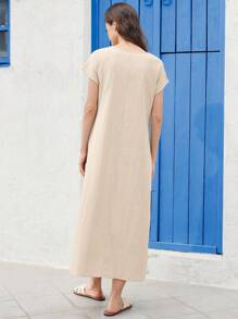 EMERY ROSE Women Casual Round Neck Short Sleeve Pocket Midi Dress, Suitable For Spring And Summer Everyday Outdoor Wear - Khaki - View 2