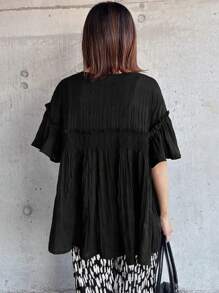 FRIFUL Top Preta Solta Plissada Feminina, Top de Verão - Preto - Visão 5