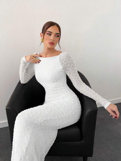 Aloruh Women's Autumn/Winter New Textured Knit Solid Color Bodycon Flared Long Sleeve Backless Mermaid Dress