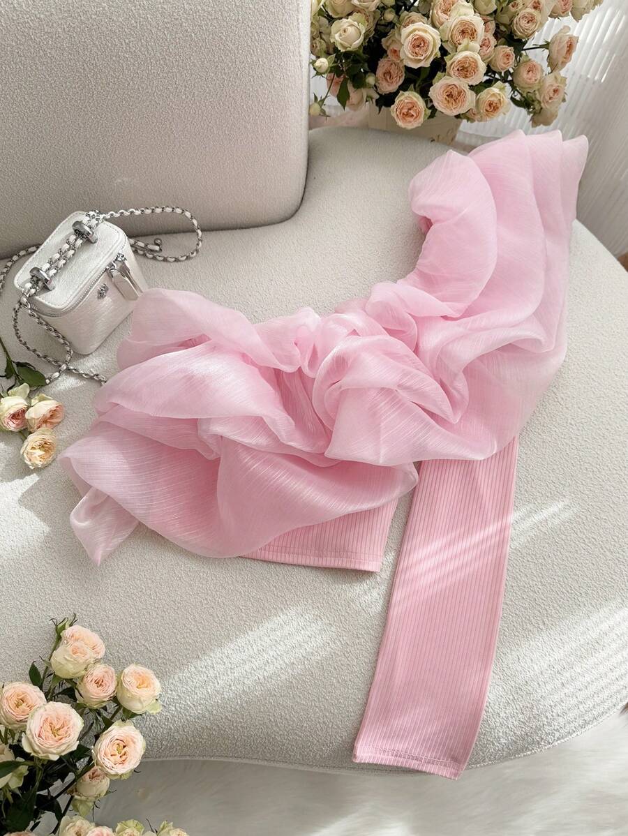 SHEIN Frenchy Plus Size Versatile Blouse For Work, Resort, Afternoon Tea, Date, Concert, Party, INS Retro Academic Beach Style, Voluminous Ruffle Collar, Tight Fitted Short Asymmetrical Neck, Long Sleeve, Pink Color, Suitable For Valentine's Day