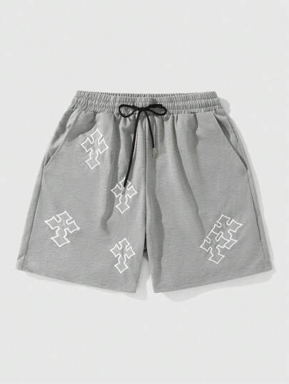 Goth Men's Cross Print Drawstring Waist Pockets Loose Casual Shorts