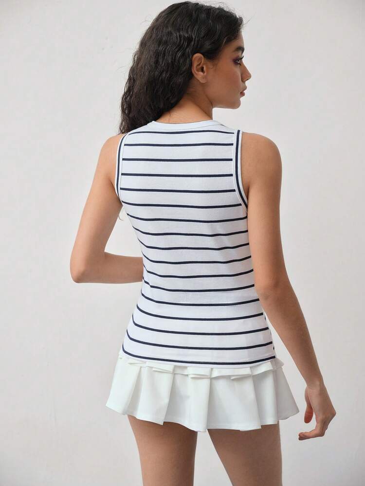 MOTF STUDIO FAUX PEARL BOW PATTERN STRIPED TANK TOP, COTTON FABRIC